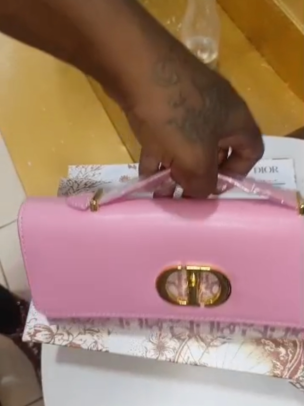 Pink Leather Top-Handle Bag with Gold Hardware